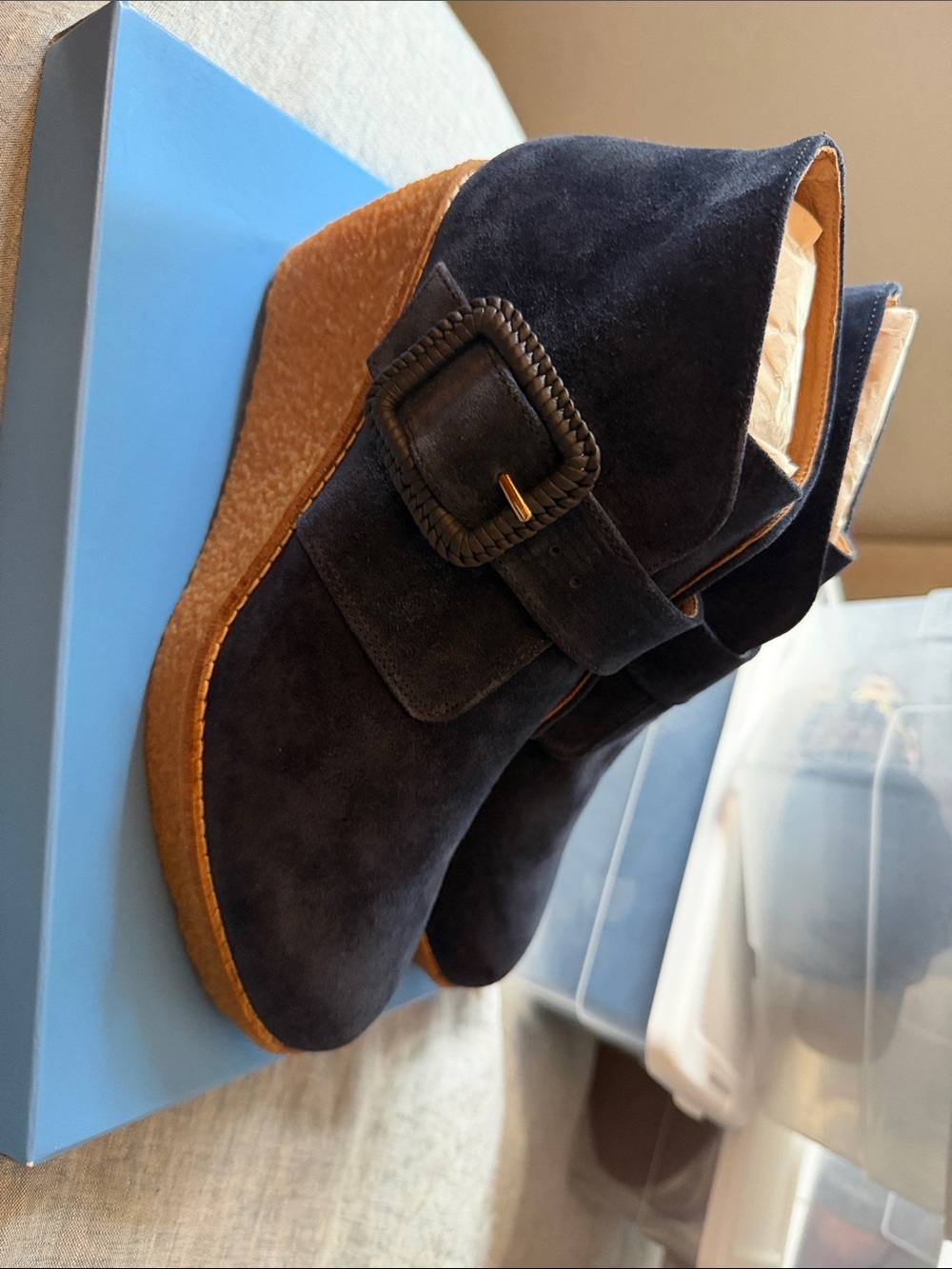 Jack Rogers Women’s Navy Suede Wedge Boot with Buckle